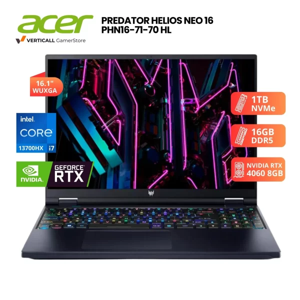 LAPTOP ACER PREDATOR HELIOS NEO 16 PHN16-71-70HL CORE I7-13700HX, RTX 4060 8GB, 16GB DDR5, 1TB SSD, 16" WUXGA 165HZ
