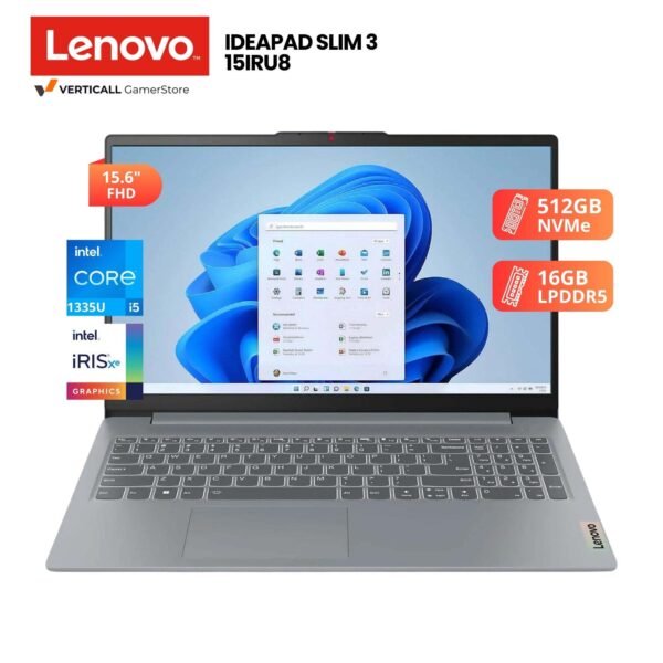 LAPTOP LENOVO IDEAPAD SLIM 3 15IRU8 CORE I5-1335U, 16GB DDR5, 512GB SSD, 15.6″ FHD, INTEL IRIS XE GRAPHICS, TECLADO ESPAÑOL, NO INCLUYE SISTEMA O.