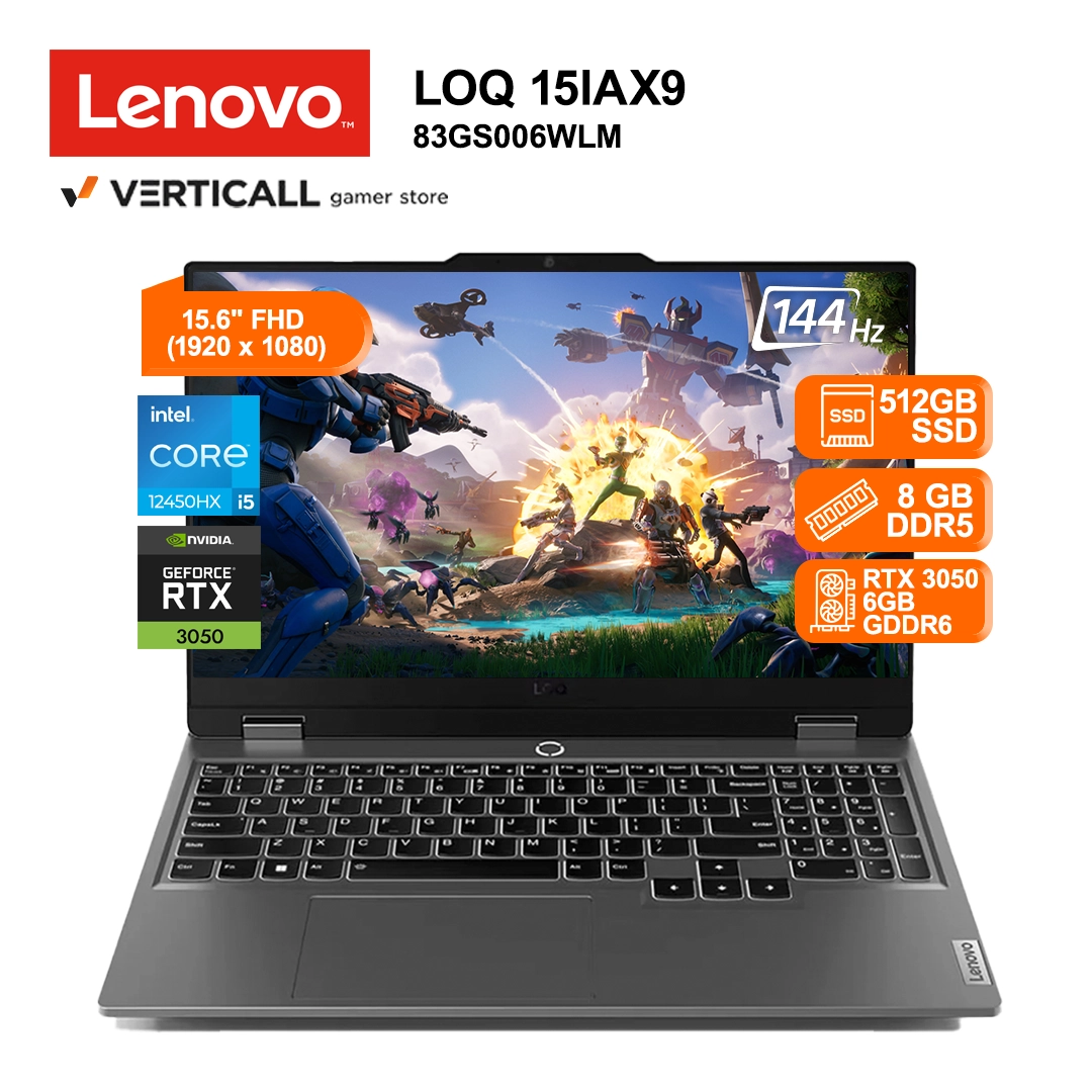 Lenovo LOQ 15IAX9 Intel Core i5 12450HX RAM 8GB Disco 512GB SSD Video Nvidia RTX 3050 6GB 15.6 FHD PORTADA
