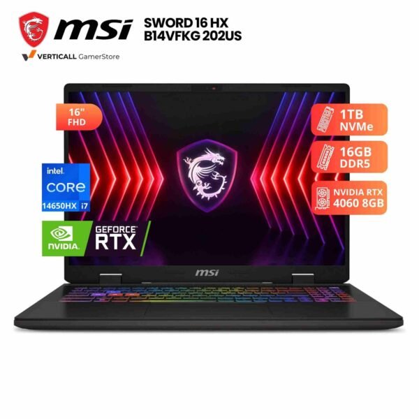 LAPTOP MSI SWORD 16 HX B14VFKG-202US CORE I7-14650HX, RTX 4060 8GB, 16GB DDR5, 1TB SSD, 16″ FHD 144HZ