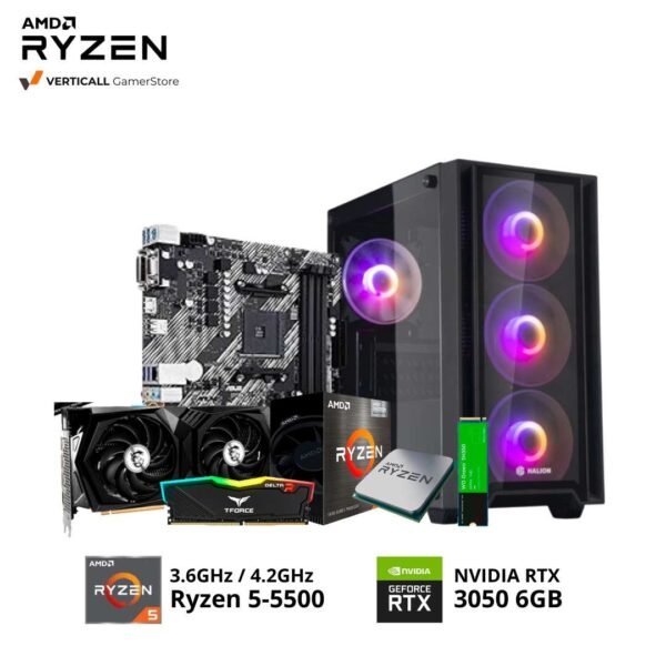 PC RYZEN 5-5500, ASUS PRIME A520M-A, MSI GAMING X RTX 3050 6GB, 16GB DDR4 T-FORCE RGB, 500GB SSD NVME