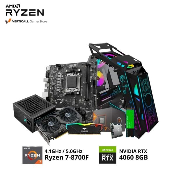 PC RYZEN 7-8700F, MSI PRO A620M-E, ASUS DUAL RTX 4060 8GB, 16GB DDR5 T-FORCE RGB, 500GB SSD NVME