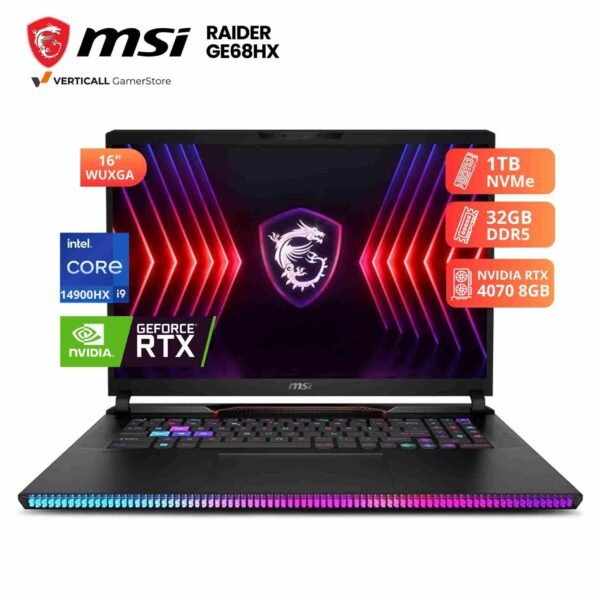 LAPTOP MSI RAIDER GE68 HX CORE I9-14900HX, RTX 4070 8GB, 32GB DDR5, 1TB SSD, 16″ WUXGA 144HZ