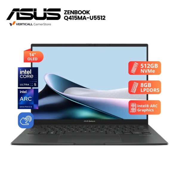 LAPTOP ASUS ZENBOOK Q415MA-U5512 CORE ULTRA 5-125H, 8GB LPDDR5, 512GB SSD, 14" OLED TACTIL