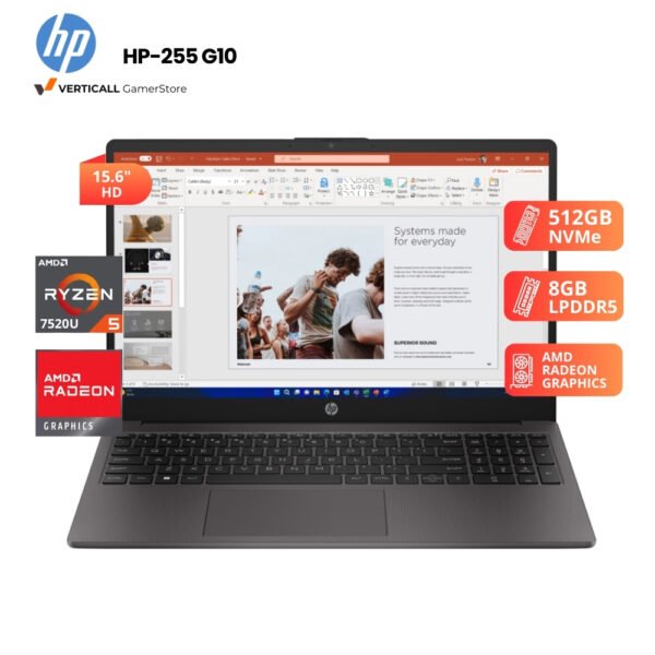LAPTOP HP 255 G10 RYZEN 5-7520U, 8GB LPDDR5, 512GB SSD, 15.6" HD
