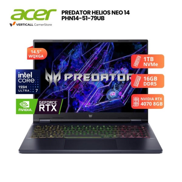 LAPTOP ACER PREDATOR HELIOS NEO 14 PHN14-51-79UB CORE ULTRA 7-155H, RTX 4070 8GB, 16GB DDR5, 1TB SSD, 14.5" WQXGA 120HZ