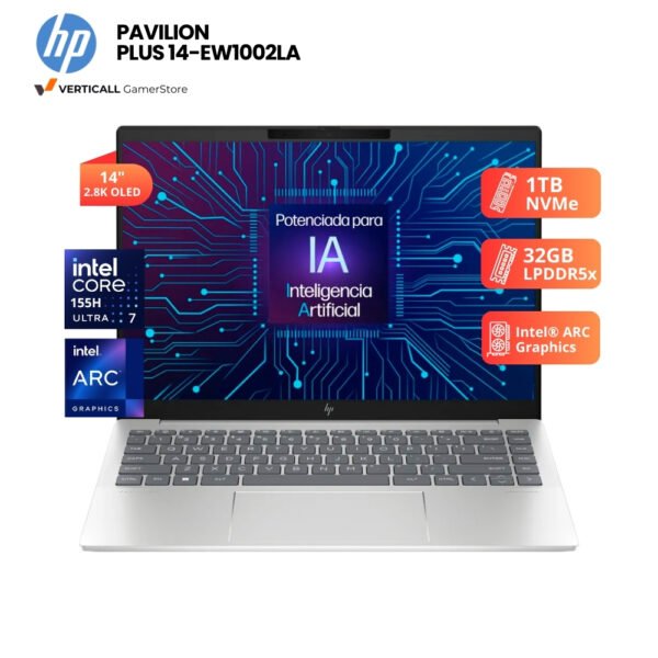 LAPTOP HP PAVILION PLUS 14-EW1002LA CORE ULTRA 7-155H, 32GB DDR5, 1TB SSD, 14" 2.8K OLED