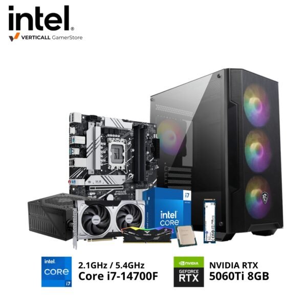 PC INTEL CORE I7-14700F, ASUS PRIME B760M-A, MSI VENTUS X2 RTX 5060Ti 8GB, 16GB DDR5 T-FORCE, 1TB SSD NVME