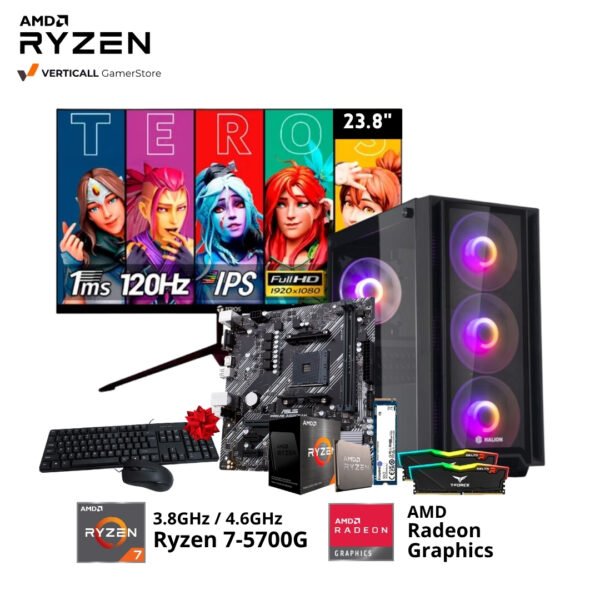 PC RYZEN 7-5700G, ASUS PRIME A520M-K, 2*8GB DDR4 T-FORCE RGB, 1TB SSD NVME, MONITOR TEROS TE-2415S 120HZ
