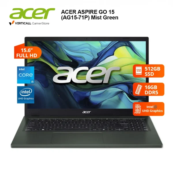 LAPTOP ACER ASPIRE GO 15 (AG15-71P-58Y7) Mist Green, CORE I5-13420H, 16GB DDR5, 512GB SSD, T VIDEO Intel UHD Graphics, 15.6″ FULL HD, Windows 11