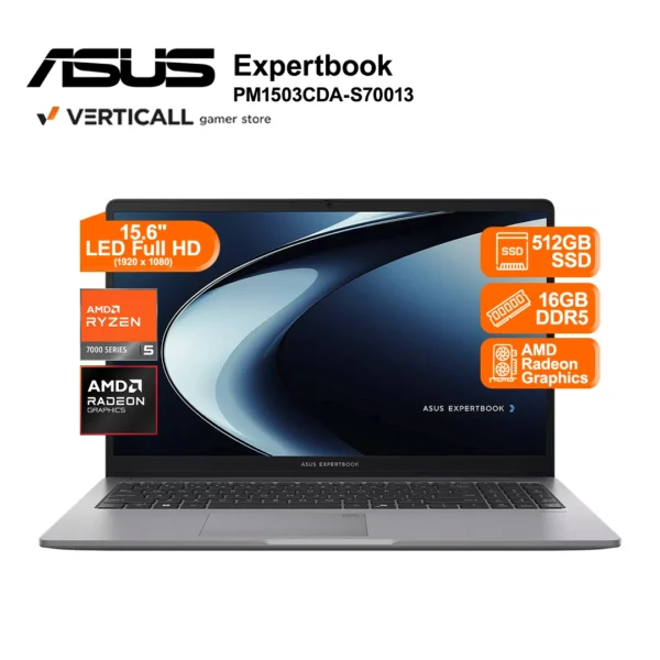 LAPTOP ASUS EXPERTBOOK PM1503CDA-S70013, AMD Ryzen™ 5 7535HS, 16GB DDR5, 512GB SSD PCIe NVMe, AMD Radeon™ Graphics, 15.6” Full HD, Windows 11 Preinstalado
