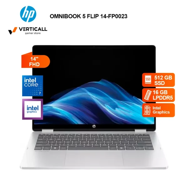 LAPTOP HP OMNIBOOK 5 FLIP 14-FP0023 B86Q7UA#ABA - Core™ 7 150U 512GB SSD,16GB LPDDR5x, 14'' (1920X1200) TOUCHSCREEN, WIN11, GLACIER SILVER, Blacklit Keyboard