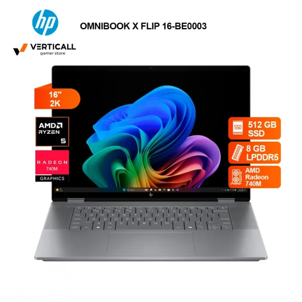 LAPTOP HP OMNIBOOK X FLIP 16-BE0003 B73U4UA#ABA, AMD Ryzen™ 5 220, 512GB SSD, 8GB LPDDR5, 16'' (1920X1200) TOUCHSCREEN, WIN11, GLACIER SILVER, Blacklit Keyboard