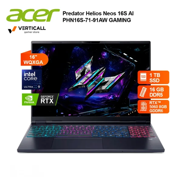 PREDATOR HELIOS NEO 16S AI PHN16S 71 91AW GAMING INTEL CORE ULTRA 9 275HX, 16GB DDR5, NVIDIA GEFORCE RTX 5060 8GB, 1TB SSD, 16″ OLED WQXGA