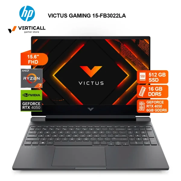 LAPTOP HP VICTUS GAMING 15-FB3022LA AMD RYZEN 7 7445HS, RTX 4050 6GB, 16GB DDR5, 512 GB SSD M.2, 15.6" FHD IPS, WIN 11 HOME