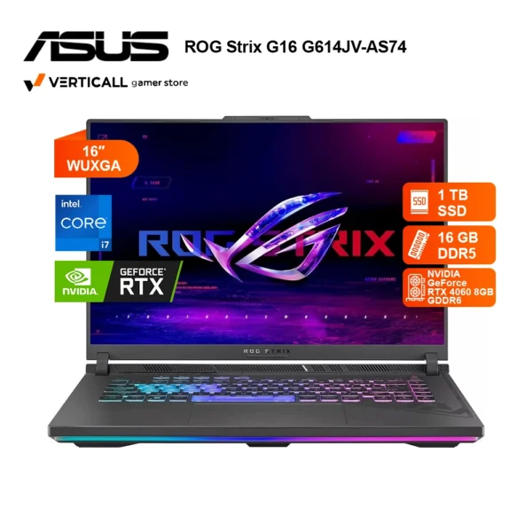 LAPTOP ASUS ROG STRIX G16-G614JV-AS74, CORE I7-13650HX, RTX 4060 8GB, 16GB DDR5, 1TB SSD, 16"(1920x1080), WIN 11, ECLIPSE GRAY, teclado iluminado