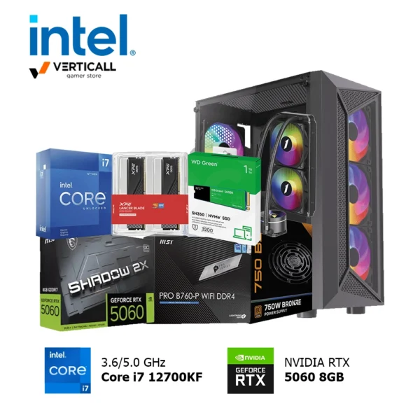 PC INTEL CORE I7-12700KF, MSI Pro B760 WiFi/Bluetooth, MSI GeForce RTX 5060 8GB, RAM 16GB DDR5x2 5600Mhz, SSD WD GREEN 1TB, Fuente de Poder de 750W Certificado 80 Plus Bronce, Case Halion Geminis CR30, 1STPLAYER Thunderstorm TS3 240