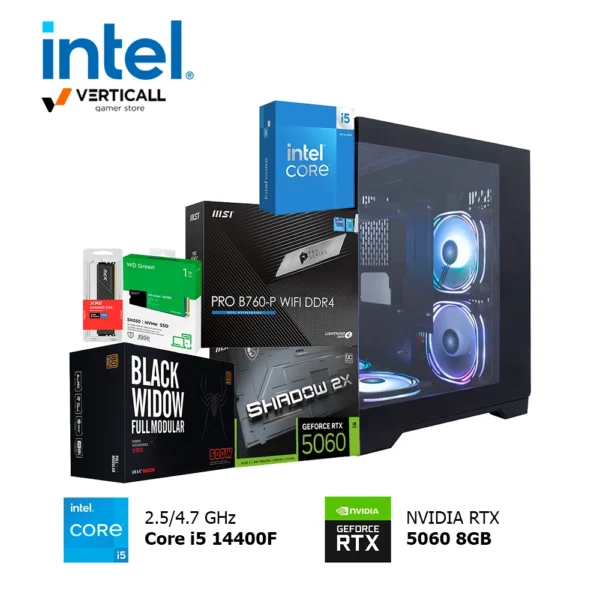 PC INTEL CORE I5-14400F, MSI Pro B760 WiFi/Bluetooth, MSI GeForce RTX 5060 8GB, RAM 16GB DDR5 5600Mhz, SSD WD GREEN 1TB, Fuente de Poder de 600W Certificado 80 Plus Bronze 1ST Player Black, Case 1ST Player Megaview MV5-T Black X3
