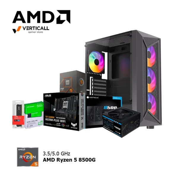 PC RYZEN 5 8500G, ASUS A620M+WiFi+Bluetooth, RAM16GB 5600MHz, WESTERN DIGITAL GREEN SN350 G3 500GB, Case Halion Geminis CR30, Fuente 500W Reales