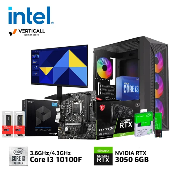 PC INTEL CORE I3-10100F, MSI H510M-A PRO, MSI GeForce RTX 3050 VENTUS 2X 6GB, RAM 8GBx2 DDR5 3200Mhz, WESTERN DIGITAL SN350 NVMe SSD 512 GB