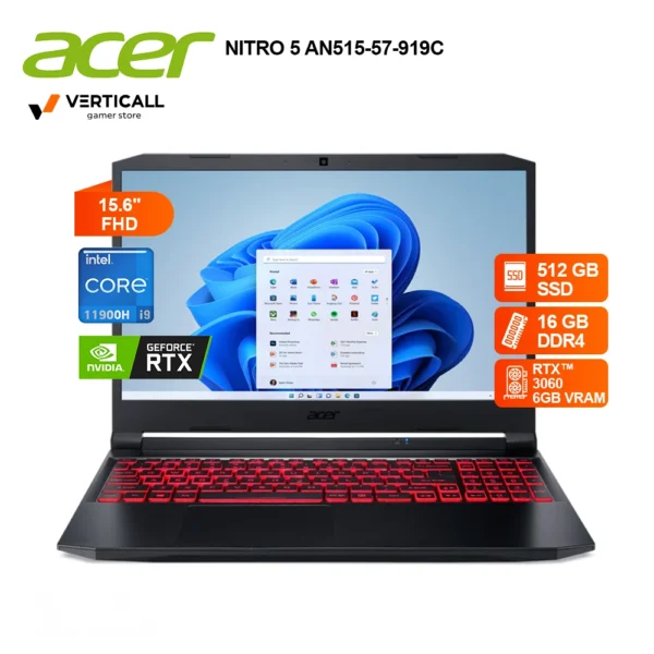 LAPTOP ACER NITRO 5 AN515-57-919C CORE I9-11900H, RTX 3060 6GB, 16GB DDR4, 512GB SSD, 15.6" FHD 144HZ, WIN 11, TECLADO INGLÉS