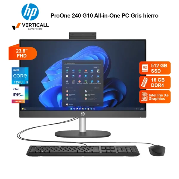 HP ProOne 240 G10 All-in-One PC Gris hierro, 23.8″ Full HD, Intel Core i5-1334U, 16 GB DDR4 SDRAM-3200MHz, 512 GB SSD M.2 NVMe PCIe, Intel Iris Xe Graphics