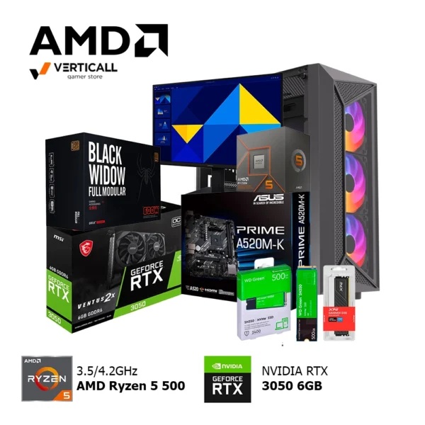 PC RYZEN 5 5500, ASUS A520M-K Wi-Fi/Bluetooth, MSI GeForce RTX 3050 Ventus 2X 6GB, XPG GAMMIX D35 16GB 3200MHz, WESTERN DIGITAL GREEN SN350 G3 500GB, Monitor Samsung IPS LS24D300 100Mhz, Case Halion Geminis CR30, Fuente 600W Certificada 80 Plus Bronce 1ST Player Black