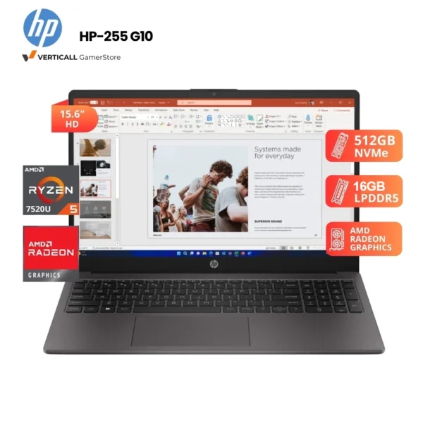 Laptop HP 255 G10 Ryzen 5-7520U (4 núcleos) | 16GB LPDDR5 | 512GB SSD NVMe | Pantalla 15.6″ HD | Windows 11 (Regalo: mochila + mouse)