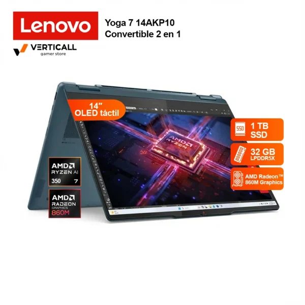 LENOVO YOGA 7 14AKP10 2 EN 1 AMD RYZEN AI 7 350, 32GB LPDDR5X, 1TB SSD, 14″ (2880x1800) TOUCHSCREEN, WIN 11, TECLADO ESPAÑOL
