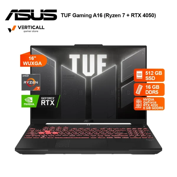 LAPTOP ASUS TUF Gaming A16 FA607NUG-WH73, AMD RYZEN 7-7445HS, NVIDIA GeForce RTX 4050 6GB GDDR6, 16GB RAM DDR5 5600MHz, 512GB SSD, 16" WUXGA, Teclado Retroiluminado inglés, configurable a español