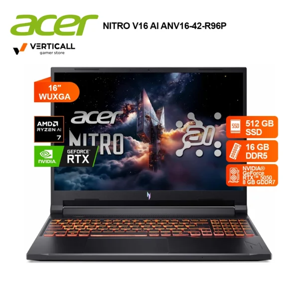 LAPTOP ACER NITRO V 16 AI, AMD Ryzen 7 260, RTX 5050 8GB GDDR7, 16GB RAM, 512GB SSD, 16" WUXGA IPS 180HZ