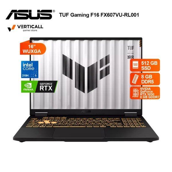 LAPTOP ASUS TUF GAMING F16 FX607VU-RL001 Core 5-210H, 8GB RAM, 512GB SSD, RTX 4050 6GB, 16″ WUXGA 144Hz, WiFi 6 Incluye funda + mouse + protector de teclado