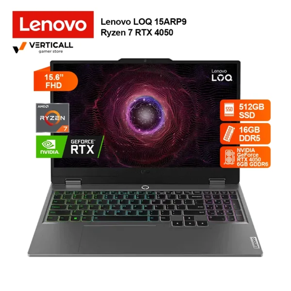 LAPTOP LENOVO LOQ 15ARP9 (83JC00MMLM), Ryzen™ 7, RTX™ 4050 6GB, 16GB DDR5, 512GB SSD, 15.6″ FHD IPS 144Hz, Wi-Fi 6