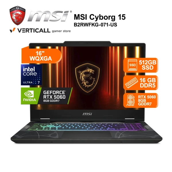 LAPTOP MSI CYBORG 15 B2RWFKG-071-US, Intel® Core™ Ultra 7-240H, 16GB RAM, 512GB SSD, RTX™ 5060 8GB, 15.6” FHD 144Hz, WIN 11, TECLADO INGLÉS (CONFIGURABLE A ESPAÑOL LATINO)