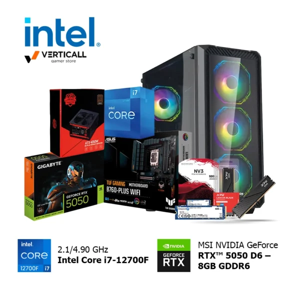 PC Gaming Intel Core i7-12700F + MSI GeForce RTX™ 5050 D6 8GB | 32GB DDR5 5600MHz XPG Lancer Blade | SSD Kingston NV3 512GB PCIe 4.0 | ASUS B760-Plus WIFI + Bluetooth | Case Halion Infinity 416 RGB | Fuente GamePro 650W 80 Plus Bronze