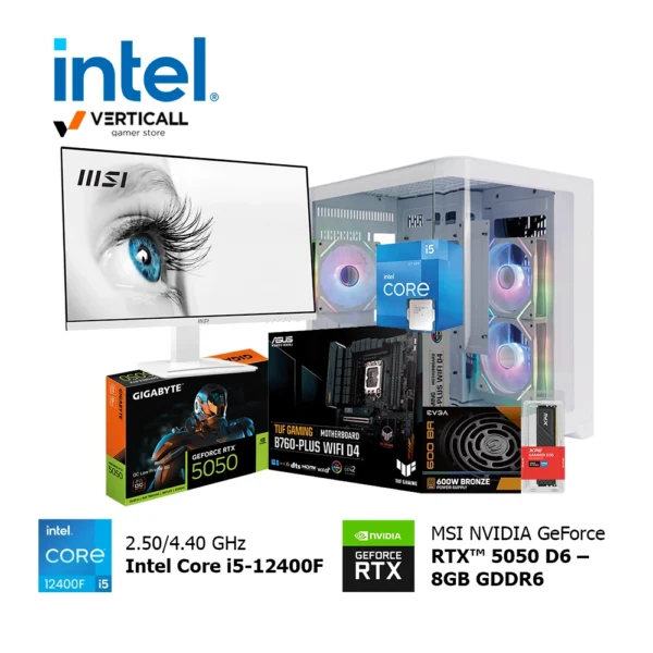 PC Gaming Intel Core i5-12400F + MSI GeForce RTX™ 5050 D6 8GB | 16GB DDR4 XPG Gammix D35 | ASUS B760-Plus DDR4 WIFI + Bluetooth | Case 1ST Player UV5 White RGB | Monitor MSI Plano 27” IPS PRO MP273AW | Fuente 600W 80 Plus Bronze