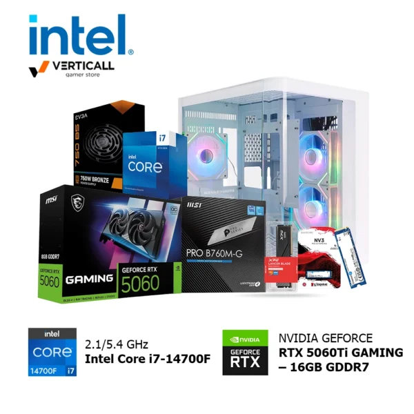 PC Gaming Intel Core i7-14700F + MSI GeForce RTX 5060Ti 16GB | 16GB DDR5 5600MHz XPG Lancer Blade | SSD Kingston NV3 1TB PCIe 4.0 | MSI PRO B760M-G WIFI + Bluetooth | Case MSI MAG PANO M100R Blanco RGB | Fuente EVGA 750W 80 Plus Bronze