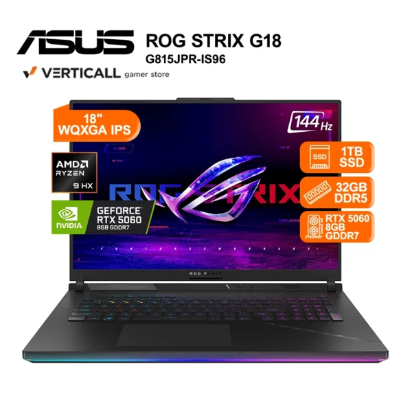 LAPTOP GAMER ASUS ROG STRIX G18 G814PM-ES96, AMD Ryzen™ 9 8940HX, 32GB DDR5 5600MHz, 1TB SSD, NVIDIA® GeForce RTX™ 5060 Laptop GPU 8GB GDDR7, 18” WQXGA IPS 240Hz, Windows 11, RGB, Teclado Inglés Configurable a Español Latino, Gaming y Creación de Contenido en Tacna