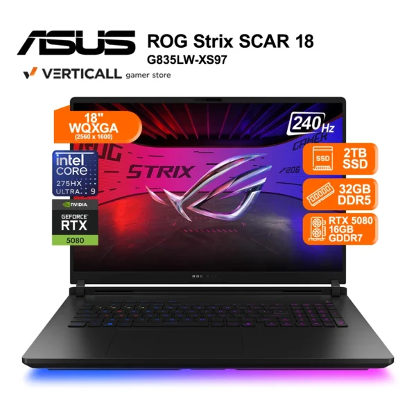 LAPTOP GAMER ASUS ROG STRIX SCAR 18 G835LW-XS97, Intel® Core™ Ultra 9 275HX, 32GB DDR5 5600MHz, 2TB SSD, NVIDIA® GeForce RTX™ 5080 Laptop GPU 16GB GDDR7, 18” 2.5K 240Hz, Windows 11, RGB, Teclado Inglés Configurable a Español Latino, Gaming Extremo e IA en Tacna