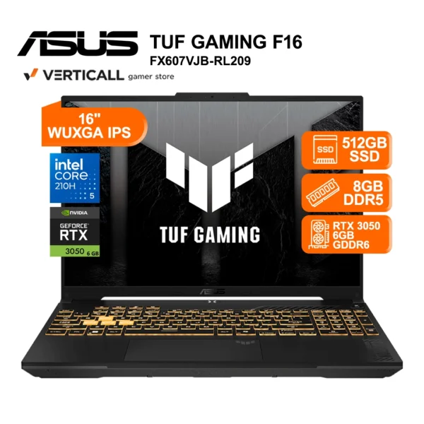 LAPTOP ASUS TUF GAMING F16 FX607VJB-RL209, Intel® Core™ 5-210H, 8GB DDR5, 512GB SSD, RTX™ 3050 6GB, 16” WUXGA IPS 144Hz, WIN 11 PRO, TECLADO LATINO