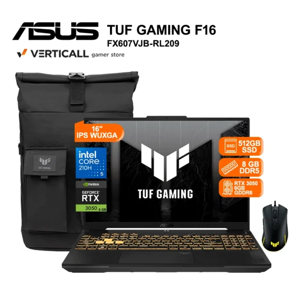 LAPTOP ASUS TUF GAMING F16 FX607VJB-RL209, Intel® Core™ 5-210H, 8GB DDR5, 512GB SSD, RTX™ 3050 6GB, 16” WUXGA 144Hz, WIN 11 PRO + MOCHILA ASUS TUF + MOUSE ASUS TUF