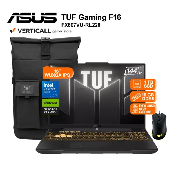 LAPTOP ASUS TUF GAMING F16 FX607VU-RL228, Intel® Core™ 7-240H, 16GB DDR5, 1TB SSD, RTX™ 4050 6GB, 16” WUXGA IPS 144Hz, WIN 11 PRO, TECLADO LATINO + MOCHILA Y MOUSE ASUS TUF