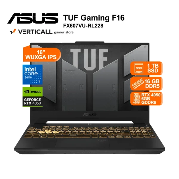 LAPTOP ASUS TUF GAMING F16 FX607VU-RL228, Intel® Core™ 7-240H, 16GB DDR5, 1TB SSD, RTX™ 4050 6GB, 16” WUXGA IPS 144Hz, WIN 11 PRO, TECLADO LATINO