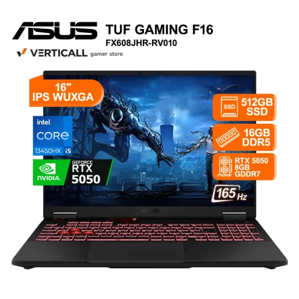 LAPTOP ASUS TUF GAMING FX608JH-RV010, Intel® Core™ i5-13450HX, 16GB DDR5, 512GB SSD, RTX™ 5050 8GB GDDR7, 16” WUXGA 165Hz, WIN 11 PRO, TECLADO ESPAÑOL LATINO