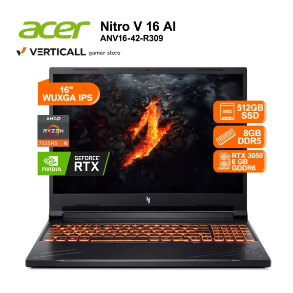 LAPTOP GAMER ACER NITRO V 16 AI ANV16-42-R309, AMD Ryzen™ 5 7535HS, 8GB DDR5 5600MHz, 512GB SSD PCIe 4.0, NVIDIA® GeForce RTX™ 3050 6GB GDDR6, 16” WUXGA IPS 180Hz, Windows 11 Home, Teclado Español Latino Retroiluminado, Gaming y Diseño en Tacna