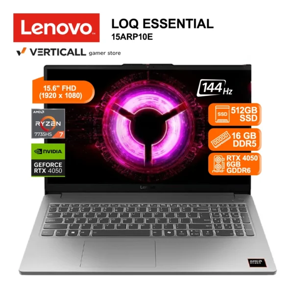 LAPTOP GAMER LENOVO LOQ ESSENTIAL 15ARP10 AMD RYZEN 7 7735HS 16GB RAM DDR5, 512GB SSD, RTX 4050 6GB, 15.6" FHD IPS 144HZ, WINDOWS 11, LUNA GREY