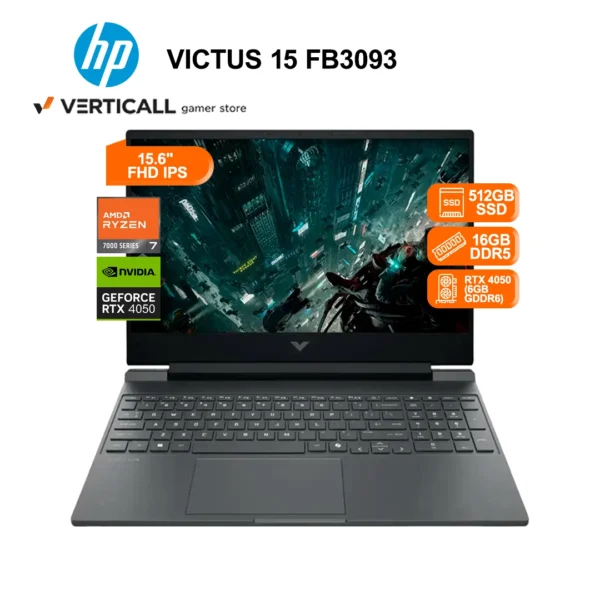 LAPTOP HP VICTUS 15-FB3093, AMD Ryzen™ 7-7445HS, 16GB DDR5, 512GB SSD, RTX™ 4050 6GB, 15.6” FHD IPS 144Hz, WIN 11 HOME, TECLADO INGLÉS