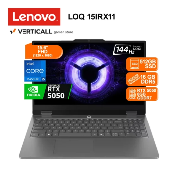 LAPTOP LENOVO LOQ 15IRX11, Intel® Core™ i5-13450HX, 16GB DDR5, 512GB SSD, RTX™ 5050 8GB, 15.6” FHD IPS, WIN 11 PRO, TECLADO ES LATINO