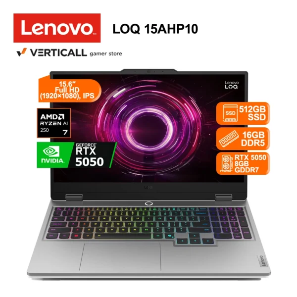 LAPTOP LENOVO LOQ 15AHP10, AMD Ryzen™ 7-250, 16GB DDR5, 512GB SSD, RTX™ 5050 8GB, 15.6” FHD IPS 144Hz, WIN 11 PRO, TECLADO ESPAÑOL LA