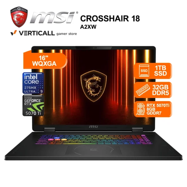 LAPTOP GAMER MSI CROSSHAIR 18 A2XW, Intel® Core™ Ultra 9-275HX, 32GB RAM, 1TB SSD, RTX™ 5070 Ti 8GB, 18” QHD+ 240Hz, Windows 11, Laptop Gaming Premium en Tacna, Teclado Inglés Configurable a Español Latino